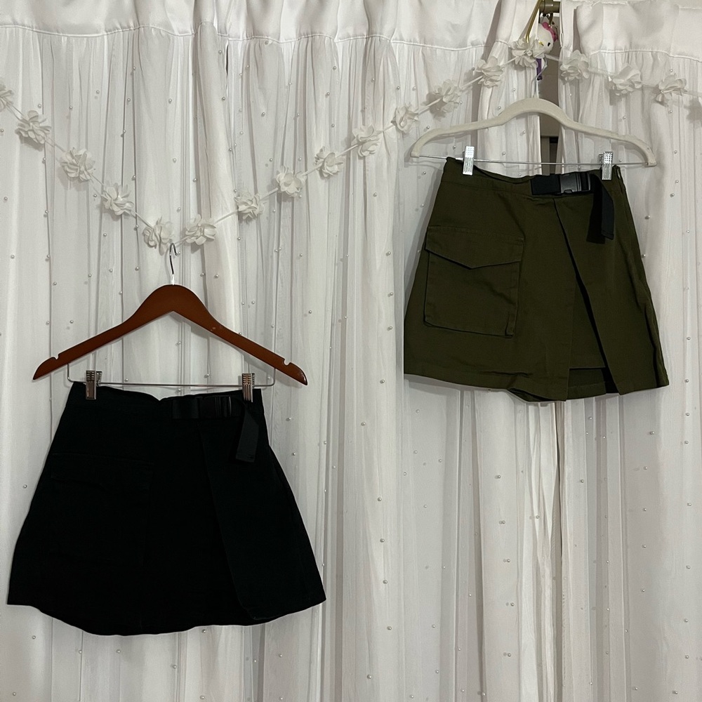 2 Piece Denim Skirt Set Bundle, Army Green & Black. V Slit, Buckle. Size Medium.